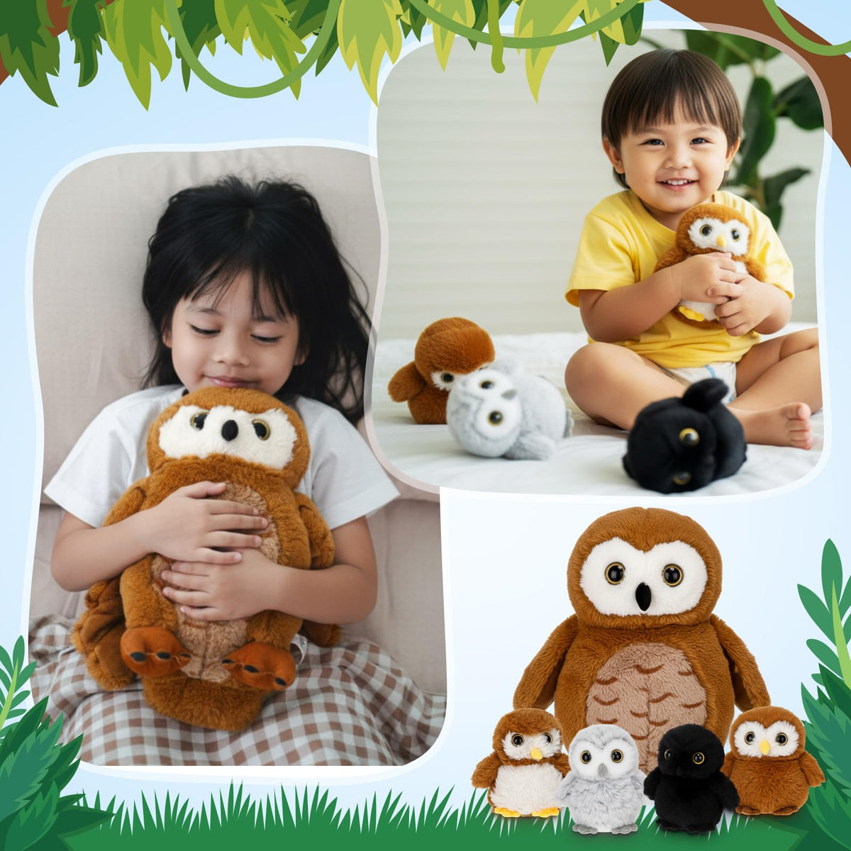 Hollowfly 13.4-inch mommy owl with 4 babies, ideal travel-friendly plush for outings.