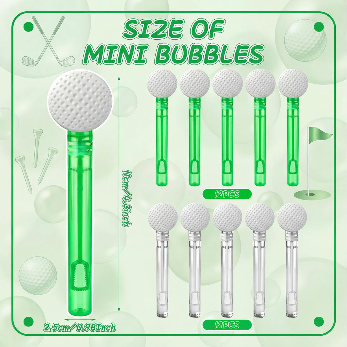 Hollowfly white and green golf bubble wands for celebrations.