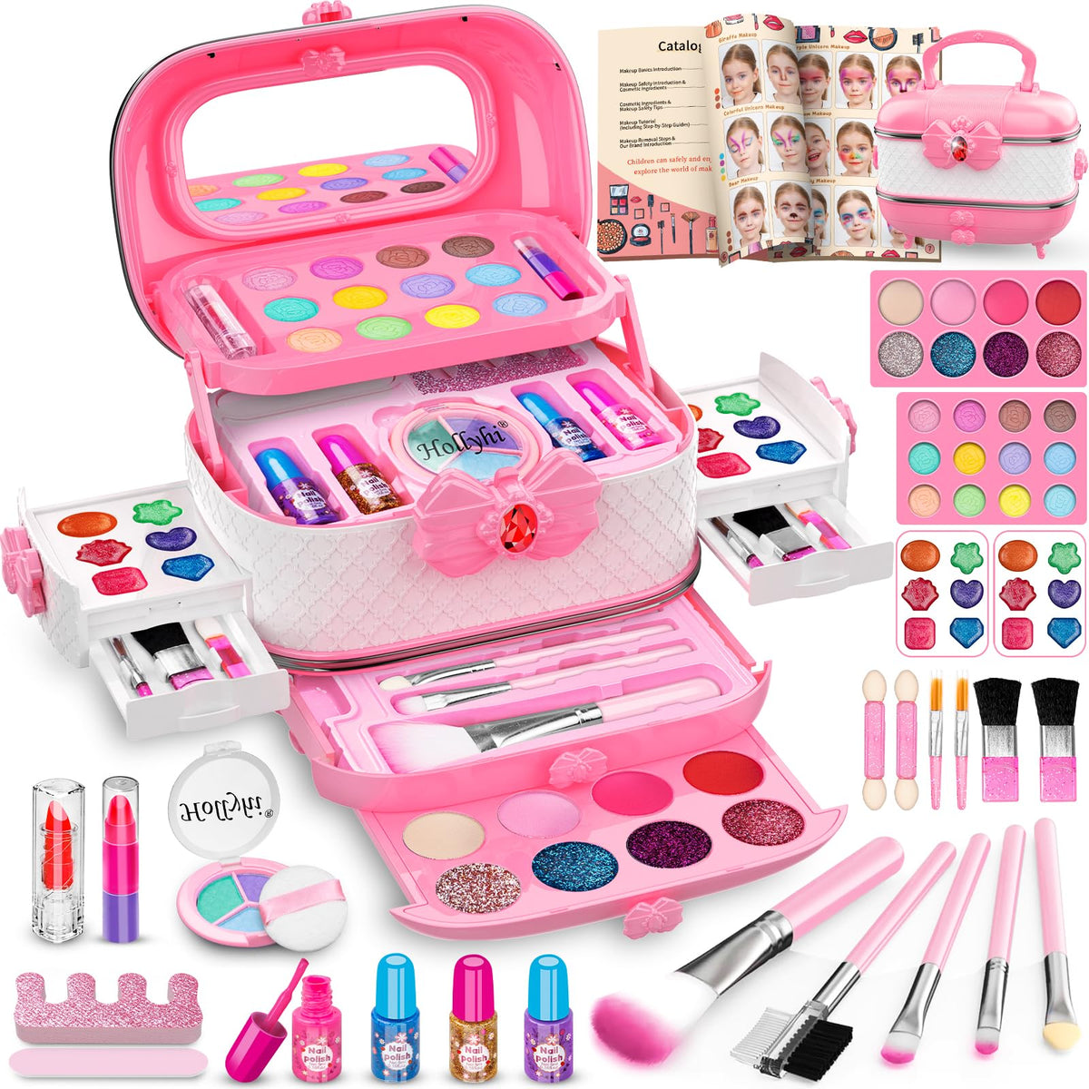 Hollyhi 58-pcs kids makeup kit in pink carrying case for easy storage.