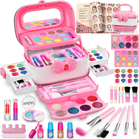 Hollyhi 58-pcs kids makeup kit in pink carrying case for easy storage.