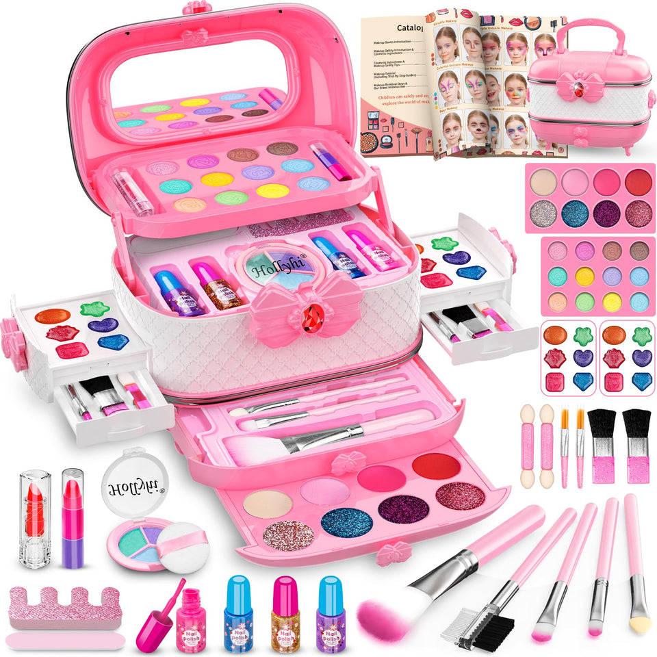 Hollyhi 58-pcs kids makeup kit in pink carrying case for easy storage.