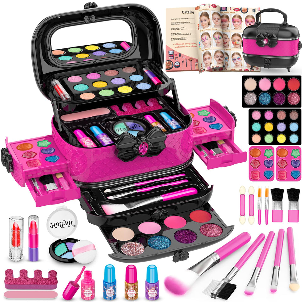 Hollyhi 58 Pcs Kids Makeup Kit in rose case enables imaginative play and easy cleanup.