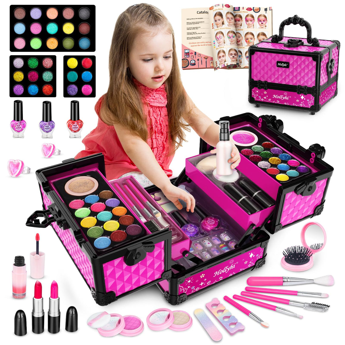 Hollyhi 59 Pcs Kids Makeup Kit in closed case for portable creative play
