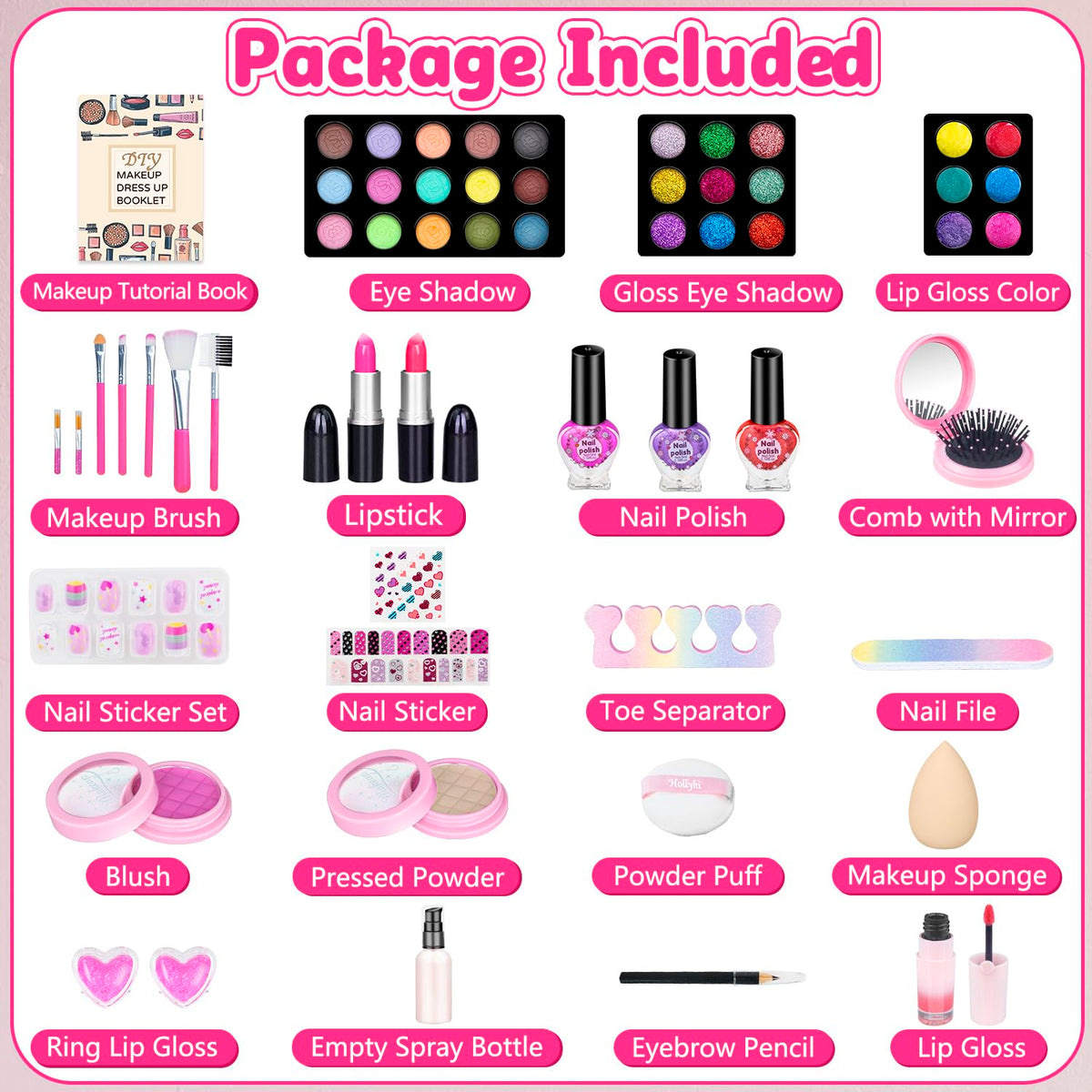 Hollyhi 59 Pcs Kids Makeup Kit open layout showing 59 pieces for imaginative dress-up