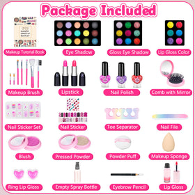 Hollyhi 59 Pcs Kids Makeup Kit open layout showing 59 pieces for imaginative dress-up