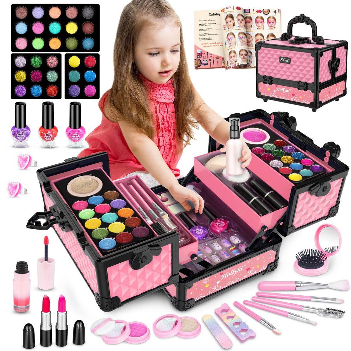 Hollyhi 59Pcs makeup kit pink open case for easy dress-up play
