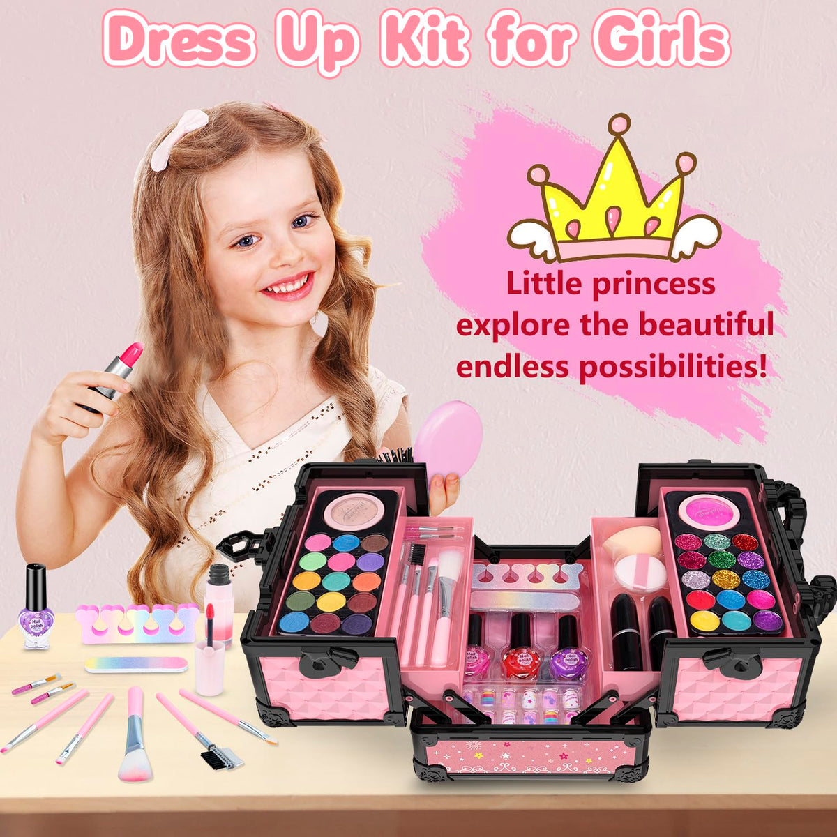 Hollyhi pink storage case keeps makeup tools organized for kids