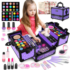Hollyhi 59Pcs Kids Makeup Kit in purple case, ideal for creative dress-up play