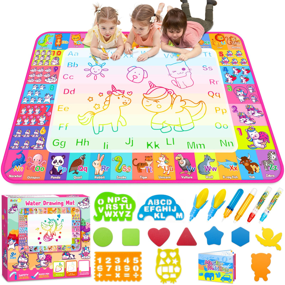 Hollyhi Aqua Water Doodle Mat with a large 40x28 surface for shared creativity.