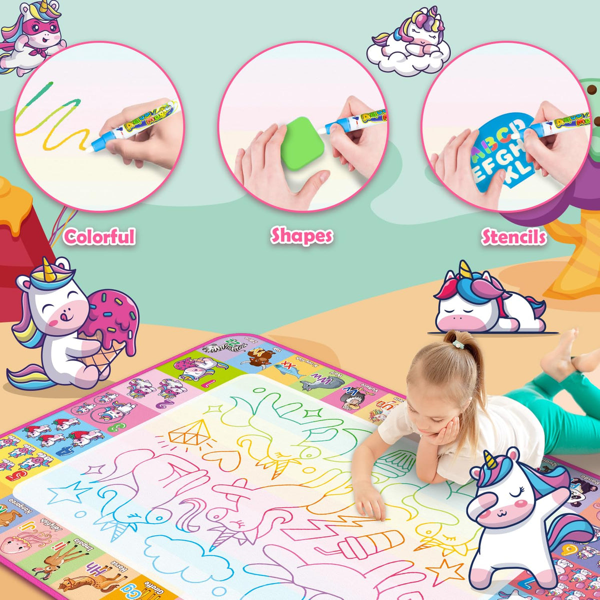 Bright neon colors on Hollyhi Aqua Water Doodle Mat shown in action.