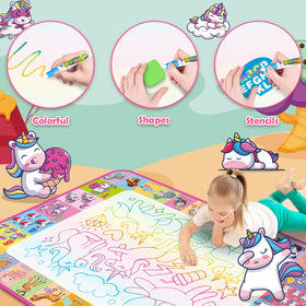 Bright neon colors on Hollyhi Aqua Water Doodle Mat shown in action.