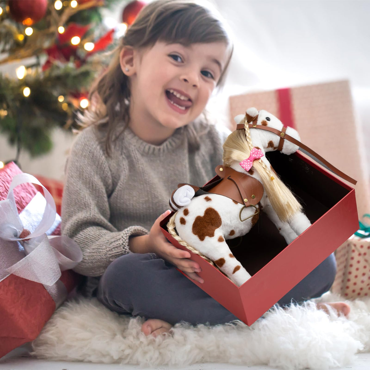 HollyHOME Appaloosa horse plush with realistic saddle enhances pretend riding scenarios