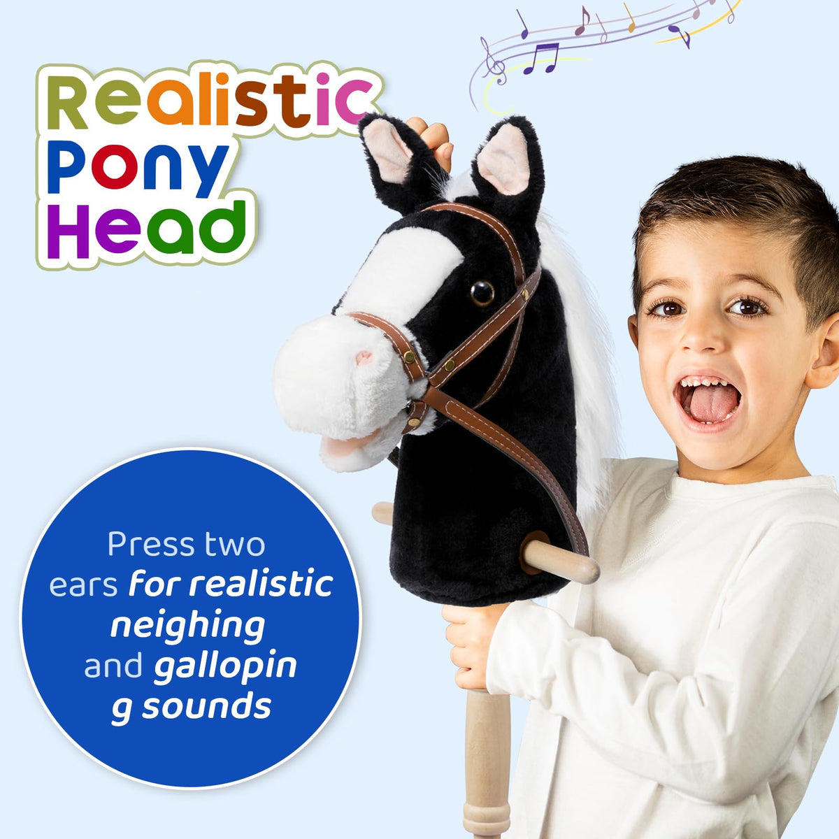 HollyHOME plush head close-up highlights soft, handcrafted details for pretend rides.