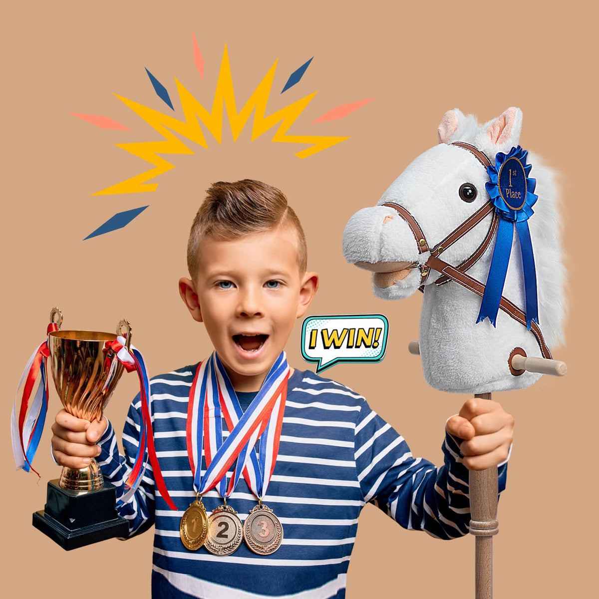 HollyHOME stick horse with detachable blue ribbon for pretend shows