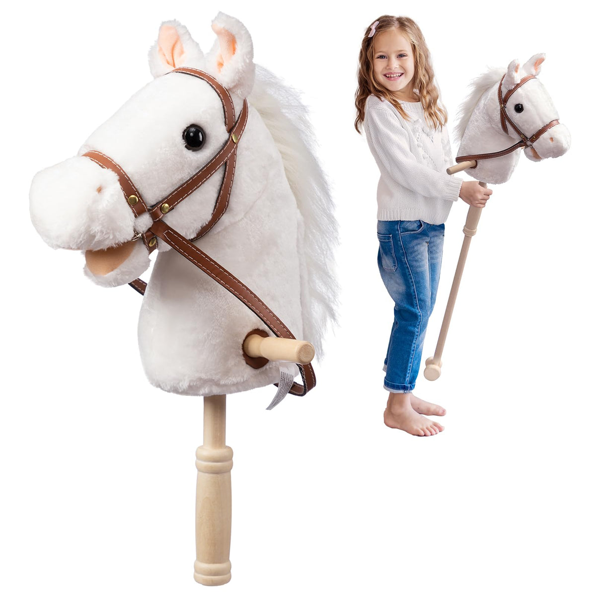 HollyHOME stick horse with wheels and handles enhances balance during active play.