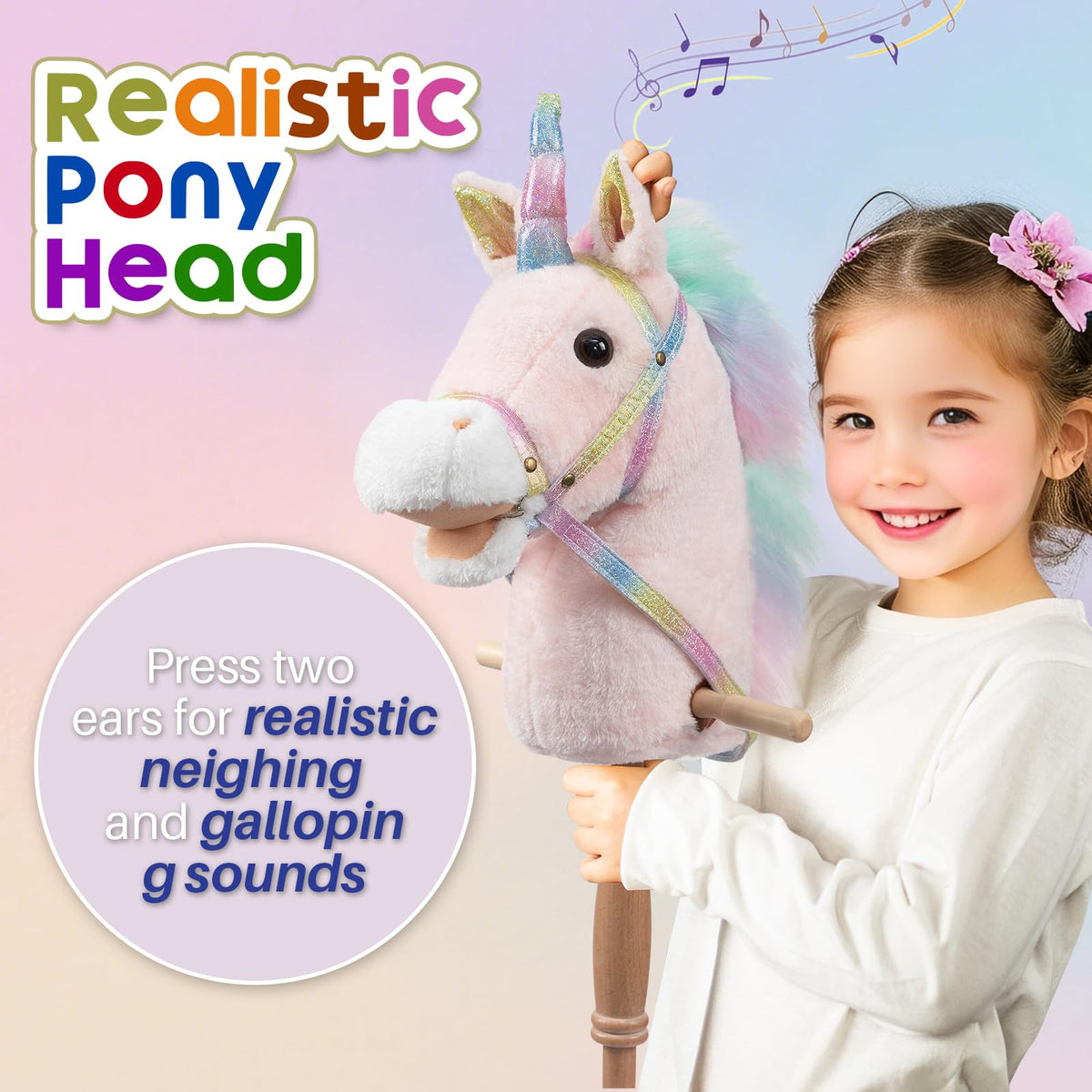 HollyHOME unicorn stick horse with neighing and galloping sounds for interactive fun.