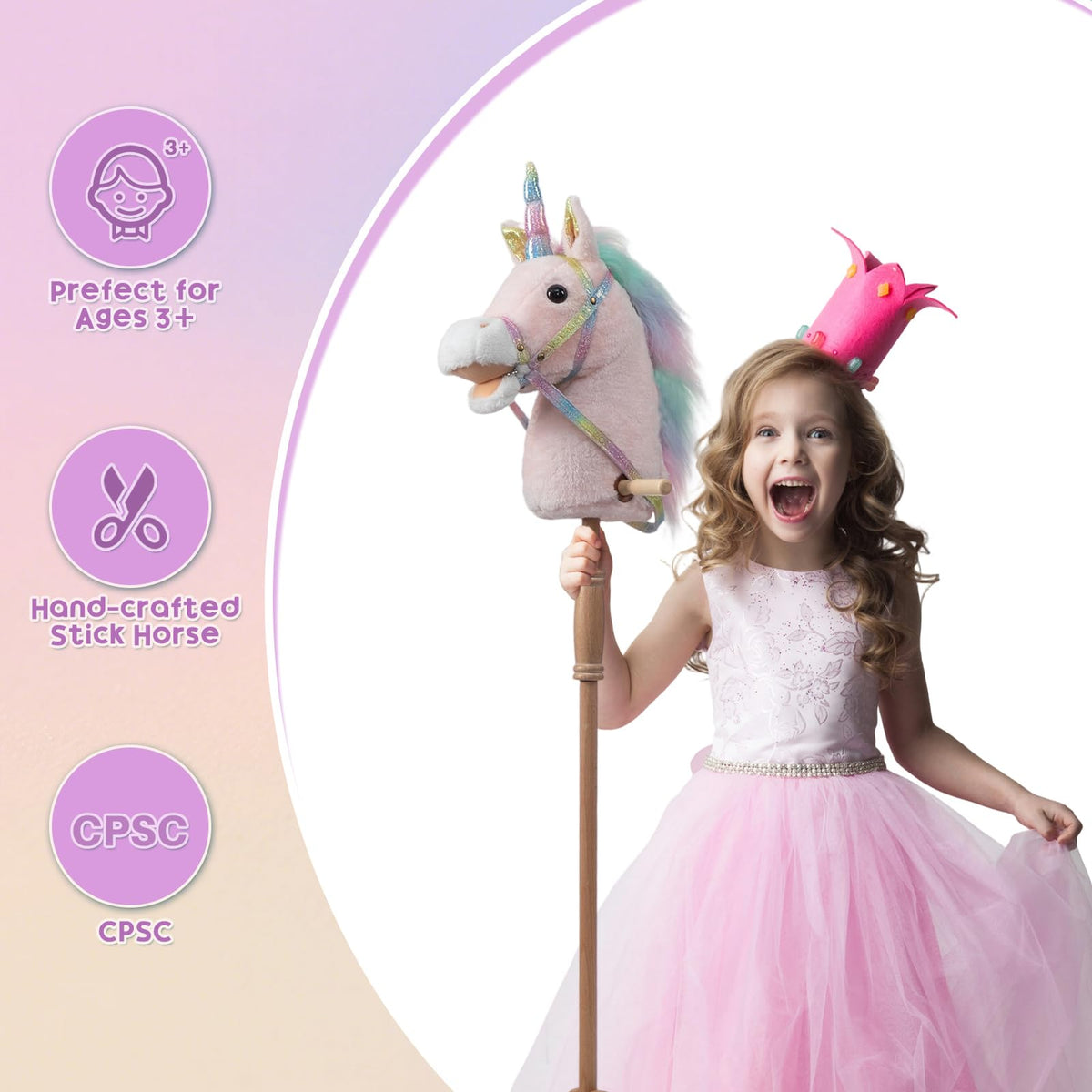 HollyHOME unicorn stick horse in pink plush with rainbow mane for imagination.