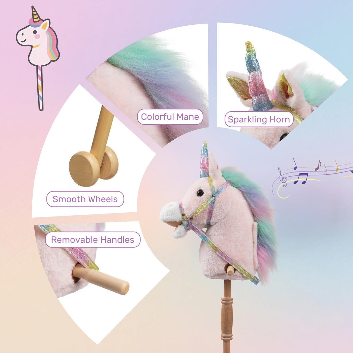 HollyHOME unicorn stick horse rainbow mane adding colorful storytelling cues.