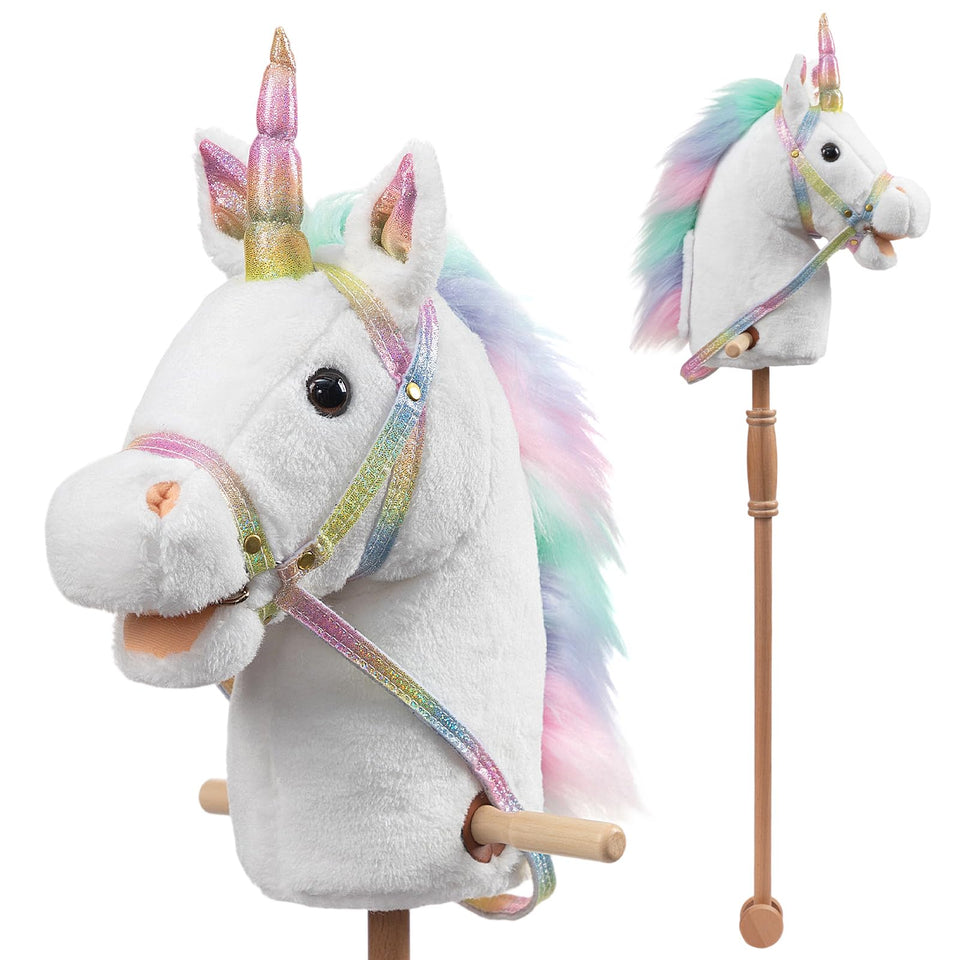 HollyHOME unicorn stick horse white plush head for indoor pretend play