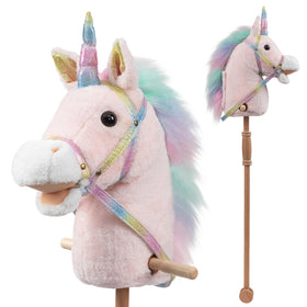 HollyHOME unicorn stick horse with wood wheels for smooth indoor play.