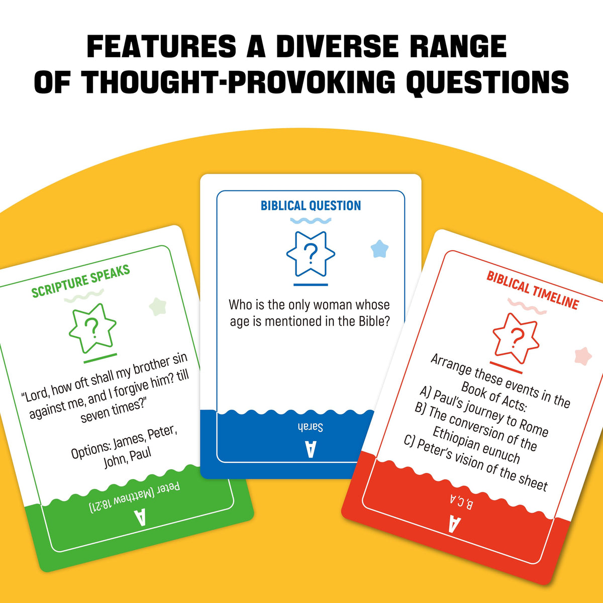 HOLY QUEST six categories spread emphasizes diverse topics for interactive learning