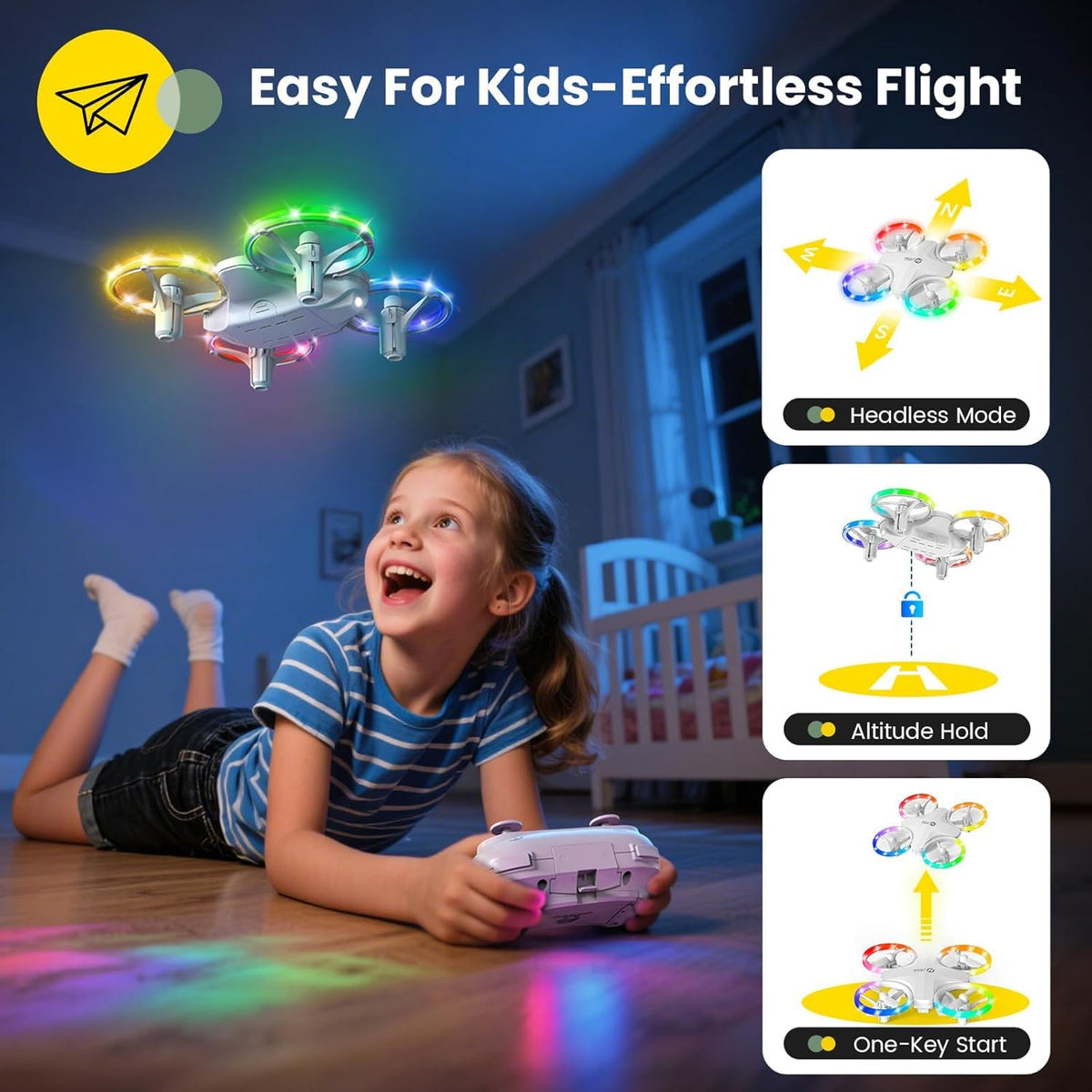 Holy Stone HS180 easy controls with one-key takeoff for beginners.