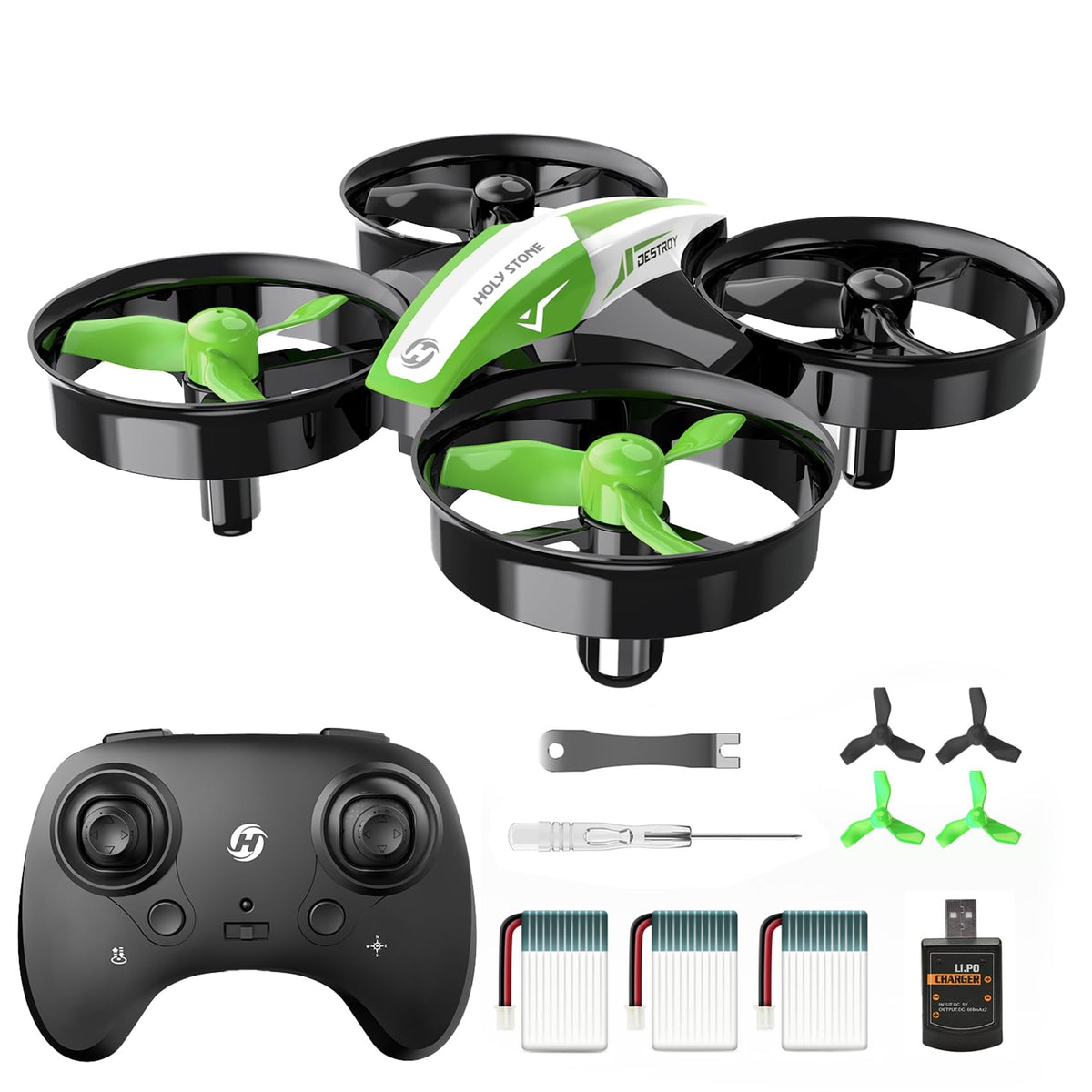 Holy Stone HS210 green front view, compact beginner drone for indoor play.