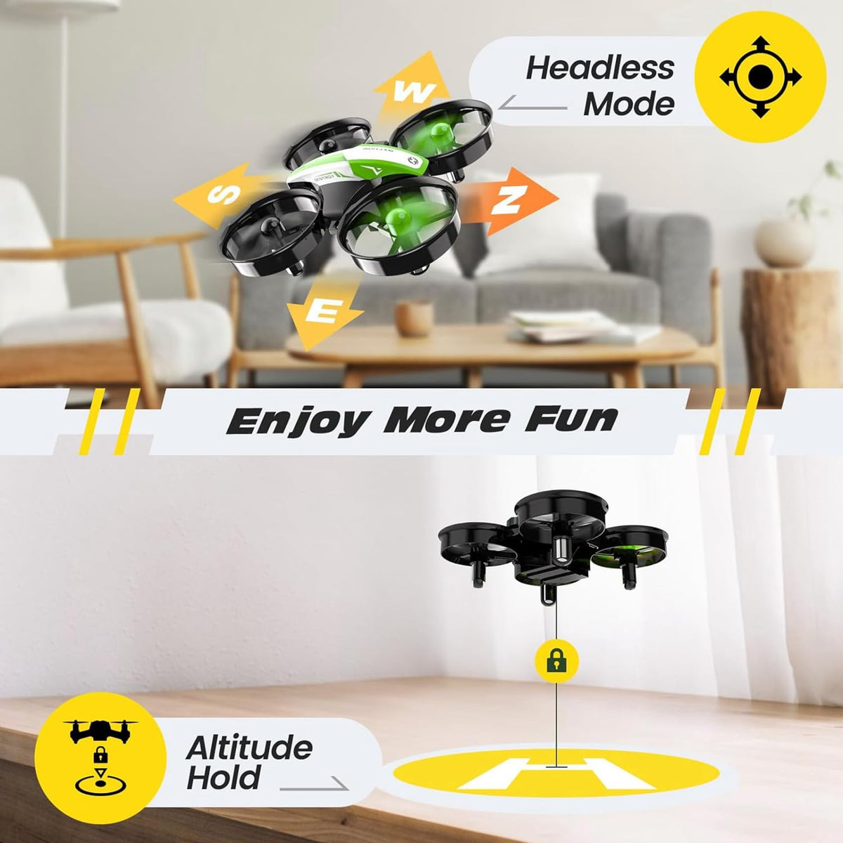 Holy Stone HS210 green headless mode simplifies piloting for beginners.