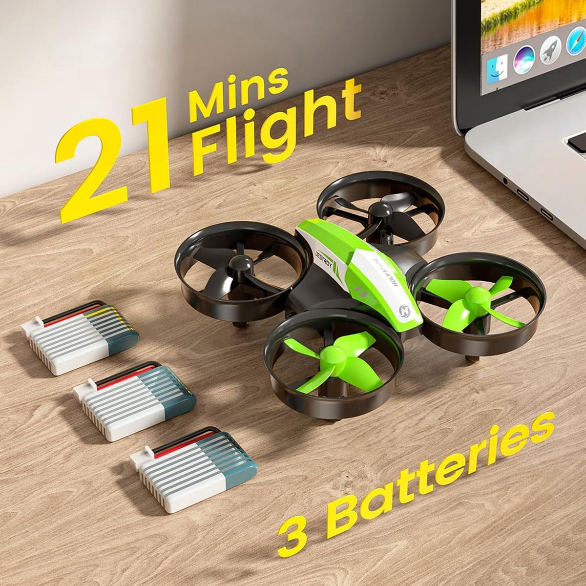 Holy Stone HS210 green safety guards protect fingers during flights.