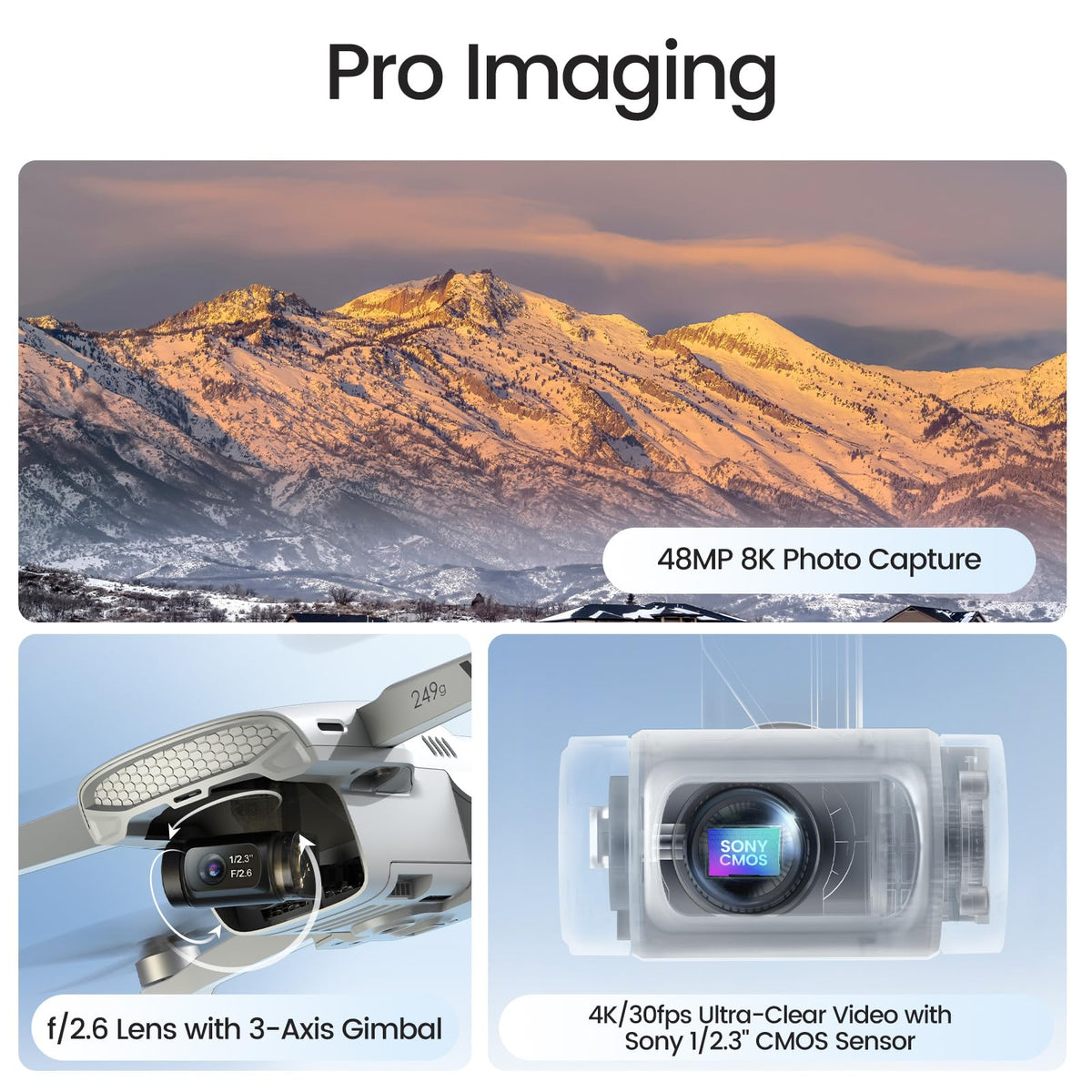 Holy Stone HS900PRO 3-axis gimbal stabilizes footage for smooth horizon pans during outings.