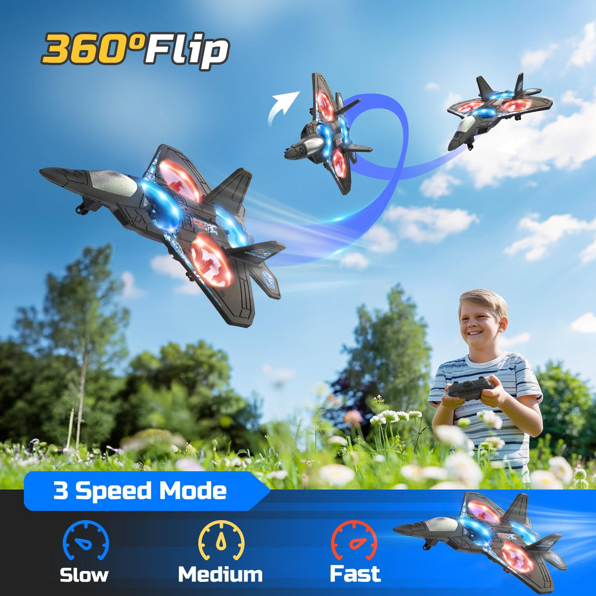 HOLYFUN foam RC airplane with LED lights visible at night for kids