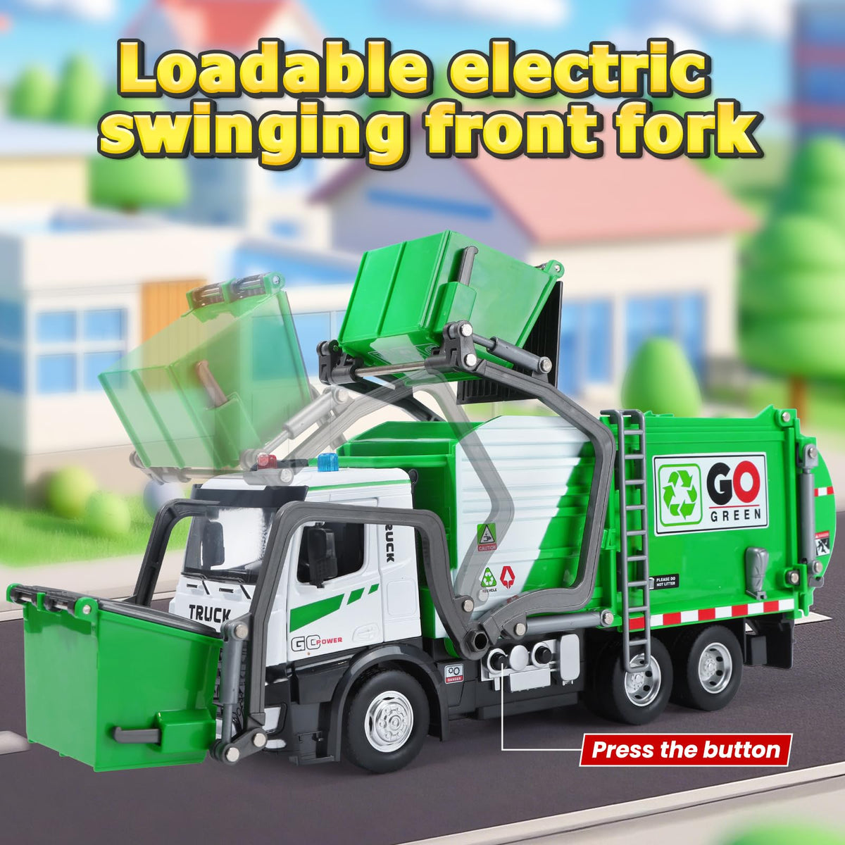 HOLYFUN garbage truck with metal cab provides durable realism for indoor and outdoor play