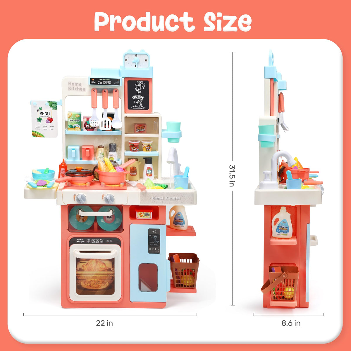HOLYFUN Kids Kitchen Playset blackboard and food boost imaginative meal planning.