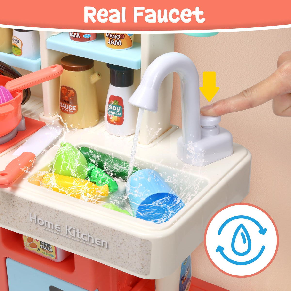 HOLYFUN Kids Kitchen Playset cookware and ingredients support hands-on pretend cooking.