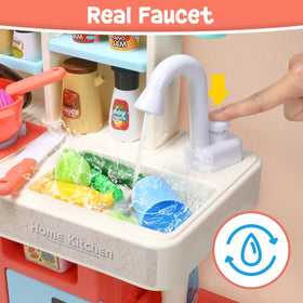 HOLYFUN Kids Kitchen Playset cookware and ingredients support hands-on pretend cooking.