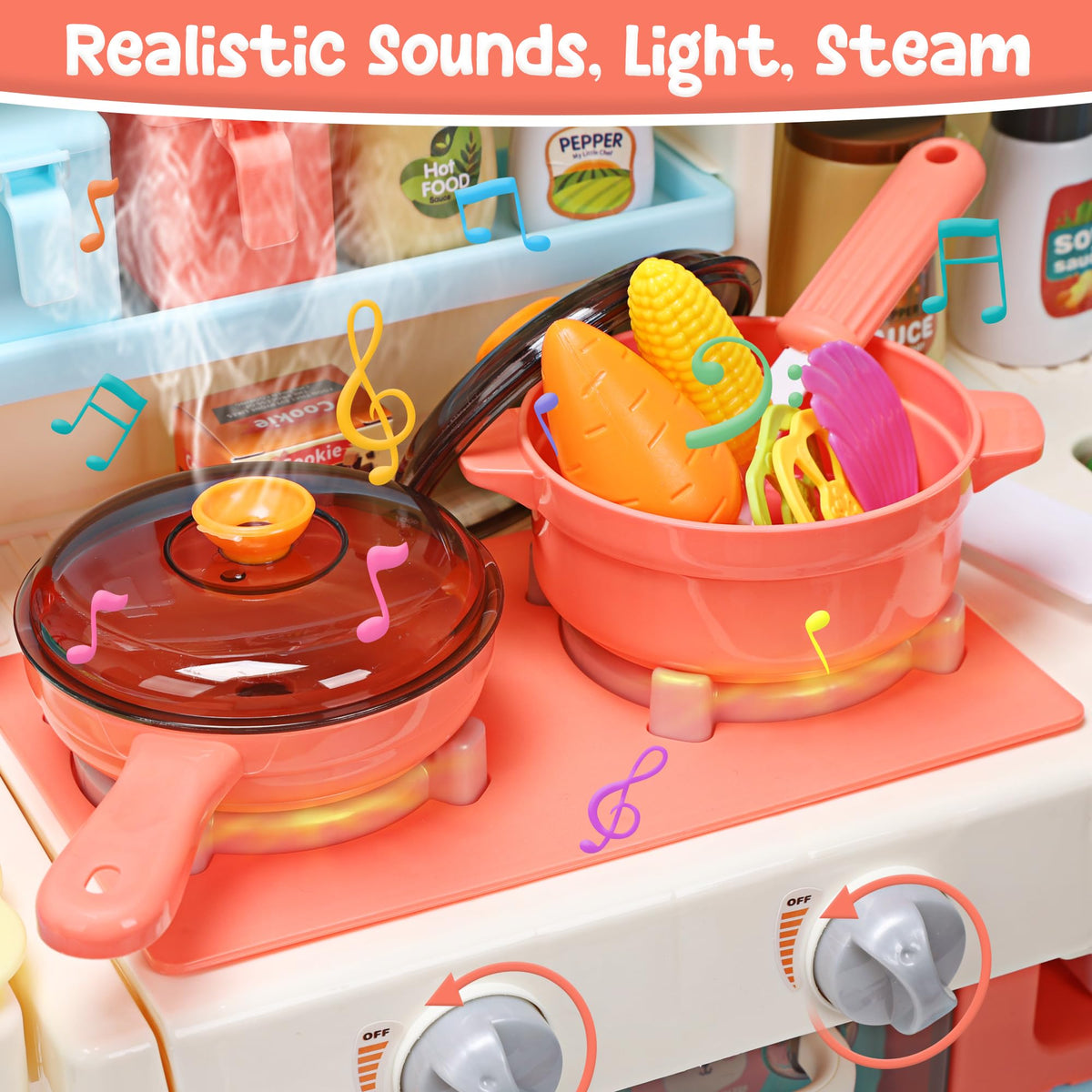HOLYFUN Kids Kitchen Playset sink with running water for realistic washing play.