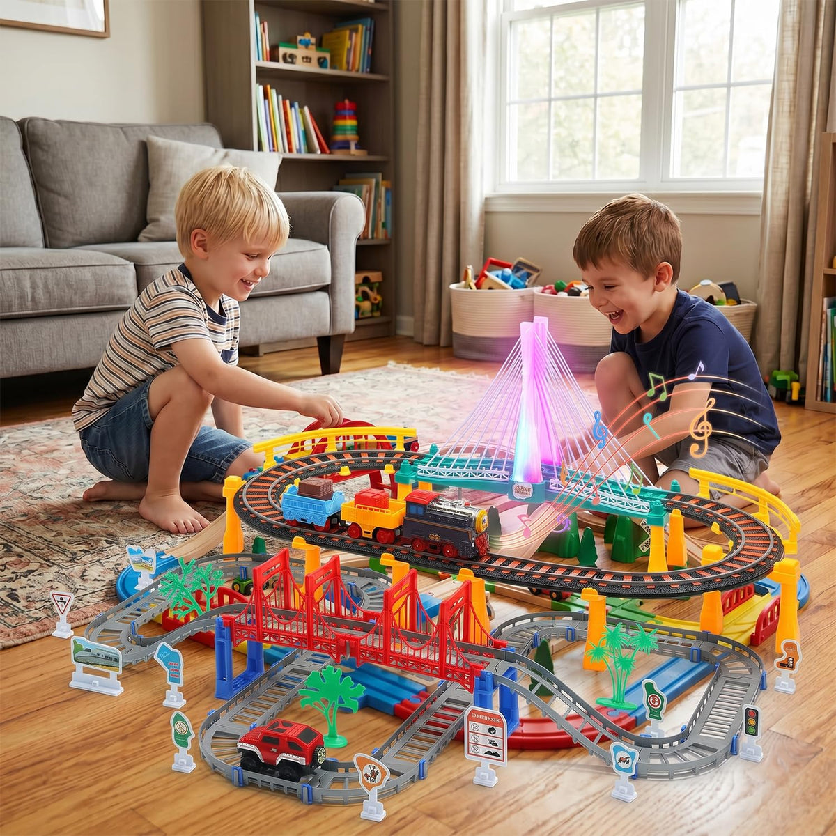 HOLYFUN train set with lights and a glowing bridge enhances immersive play.