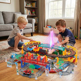HOLYFUN train set with lights and a glowing bridge enhances immersive play.