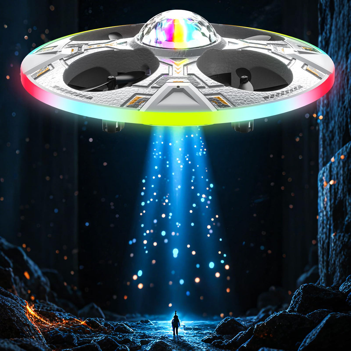 HOLYFUN Mini UFO Drone LED lights close-up for vivid indoor play.