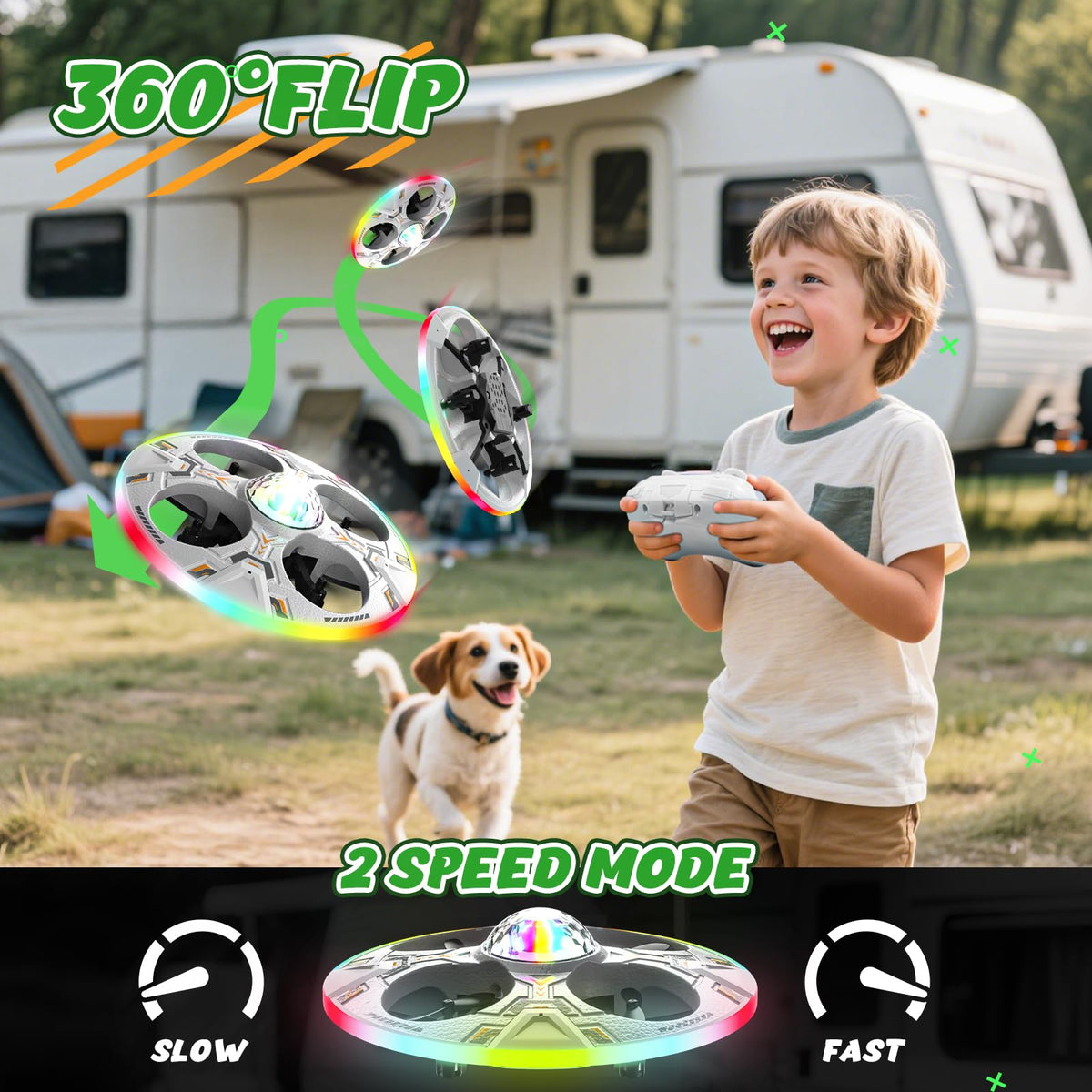 HOLYFUN Mini UFO Drone two batteries extend playtime for longer sessions.