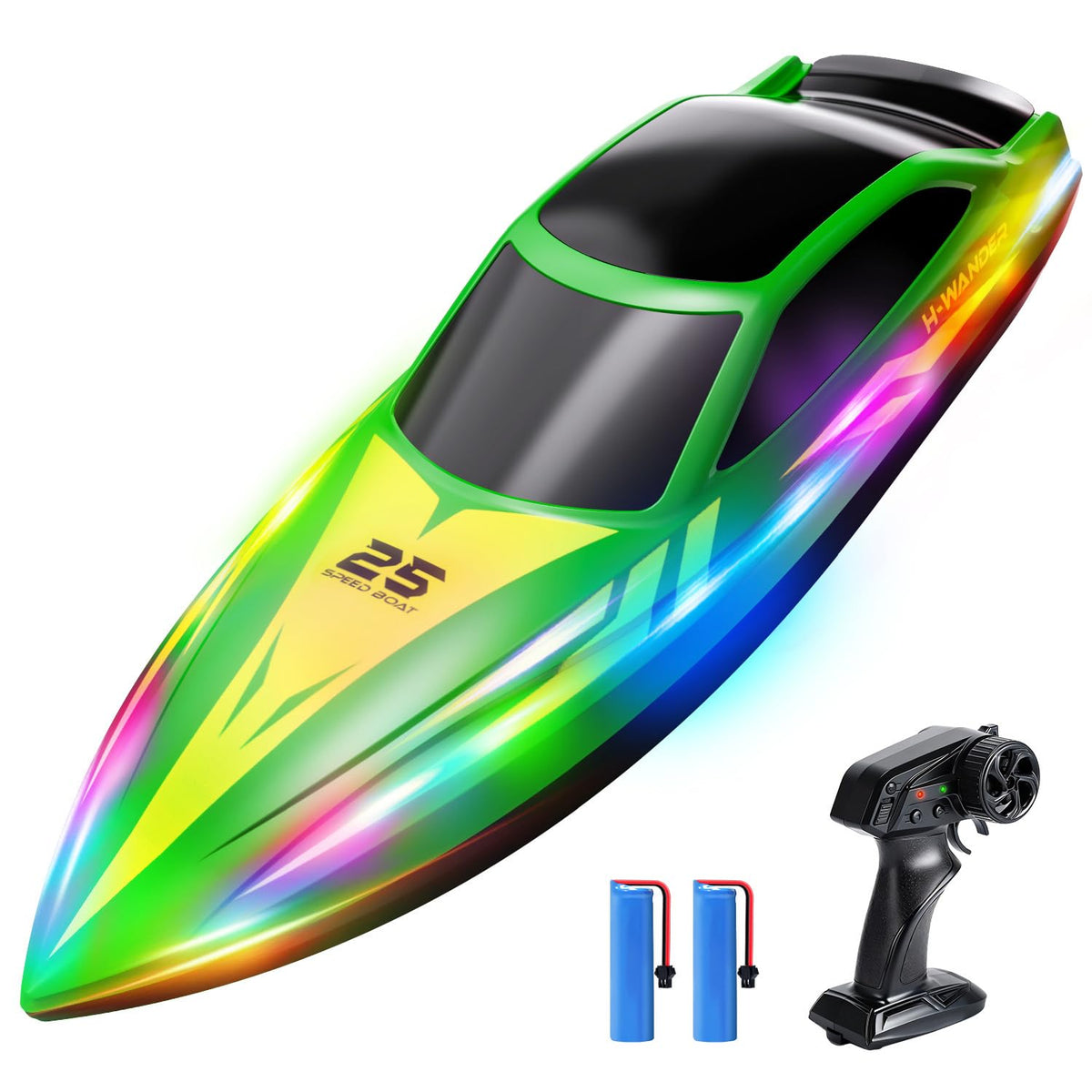 HOLYFUN RC Boat with LED lights, ideal for safe night-time pool racing.