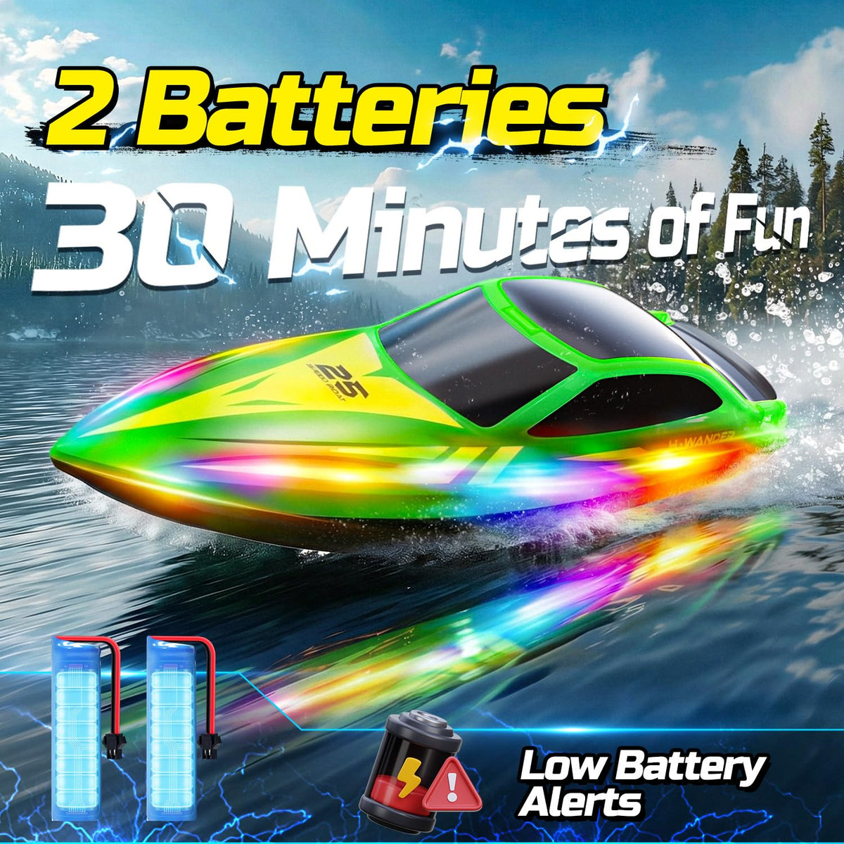 HOLYFUN RC Boat with two batteries for extended playtime on water.