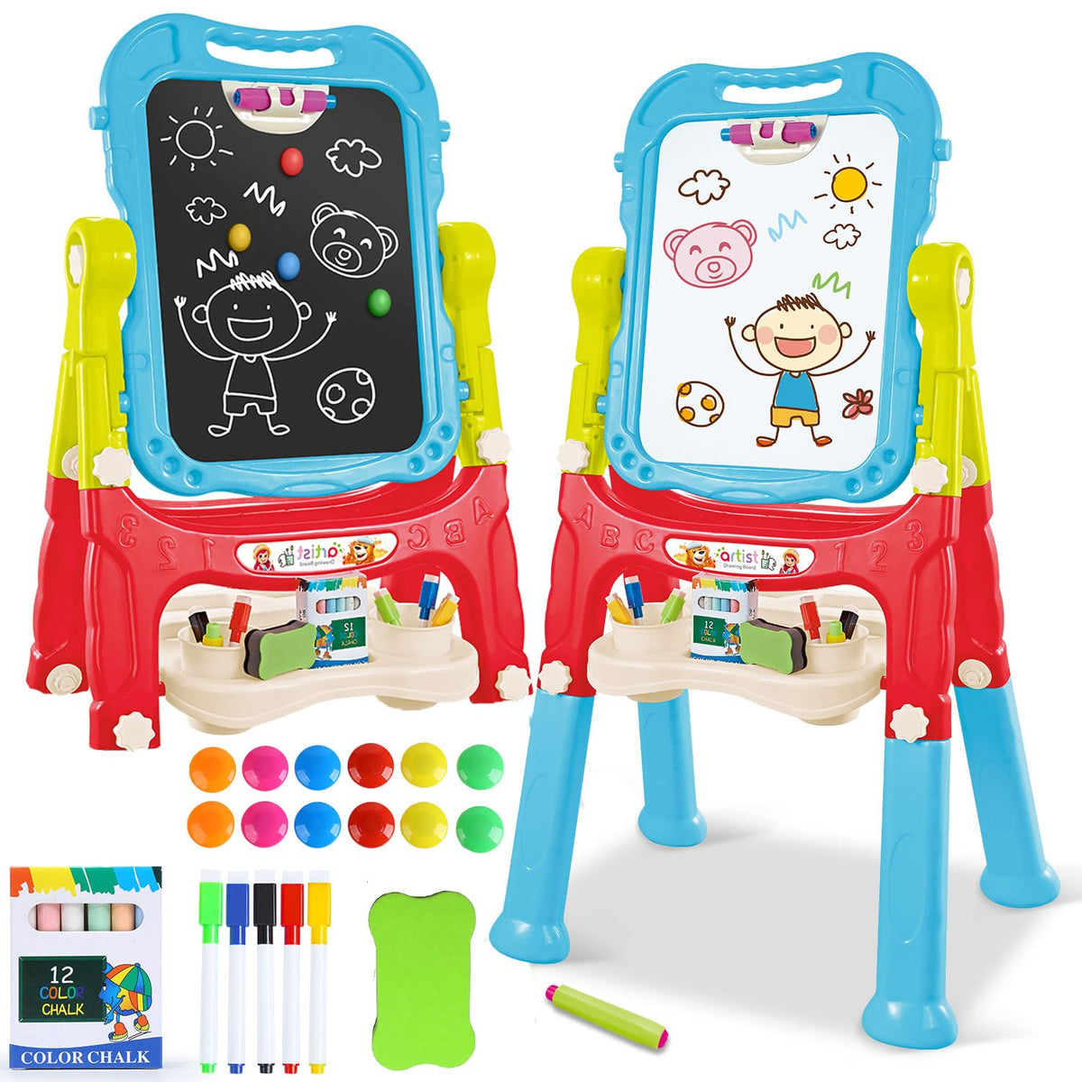 HOLYFUN toddler easel with rotating whiteboard and chalkboard for shared creativity
