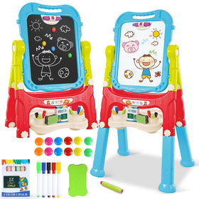 HOLYFUN toddler easel with rotating whiteboard and chalkboard for shared creativity