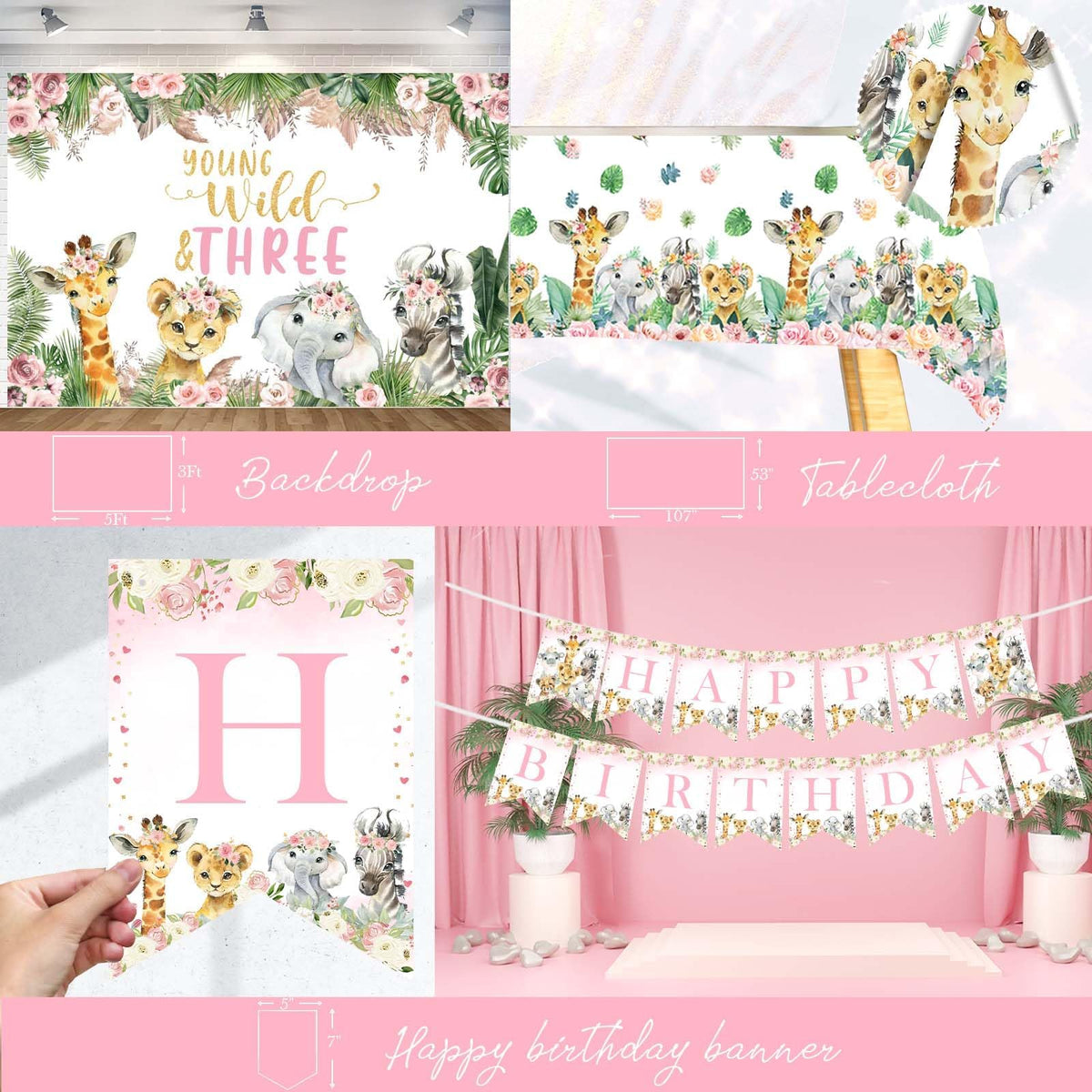 Hombae cake topper and tablecloth create a cohesive jungle tablescape.