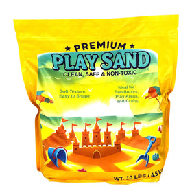 Sandbox and beach play scene with bright buckets and molds.