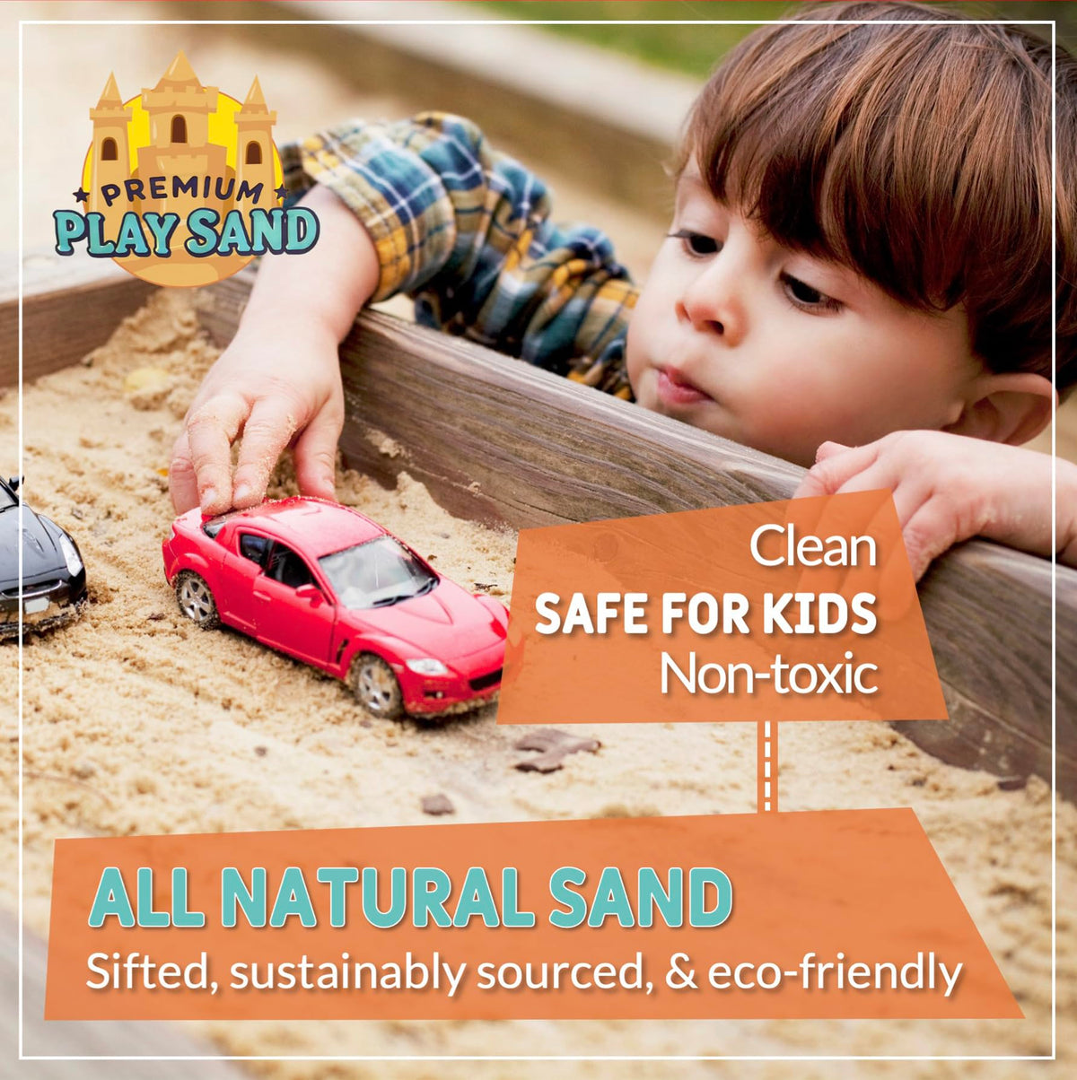 Sensory bin setup with sand promotes tactile exploration.
