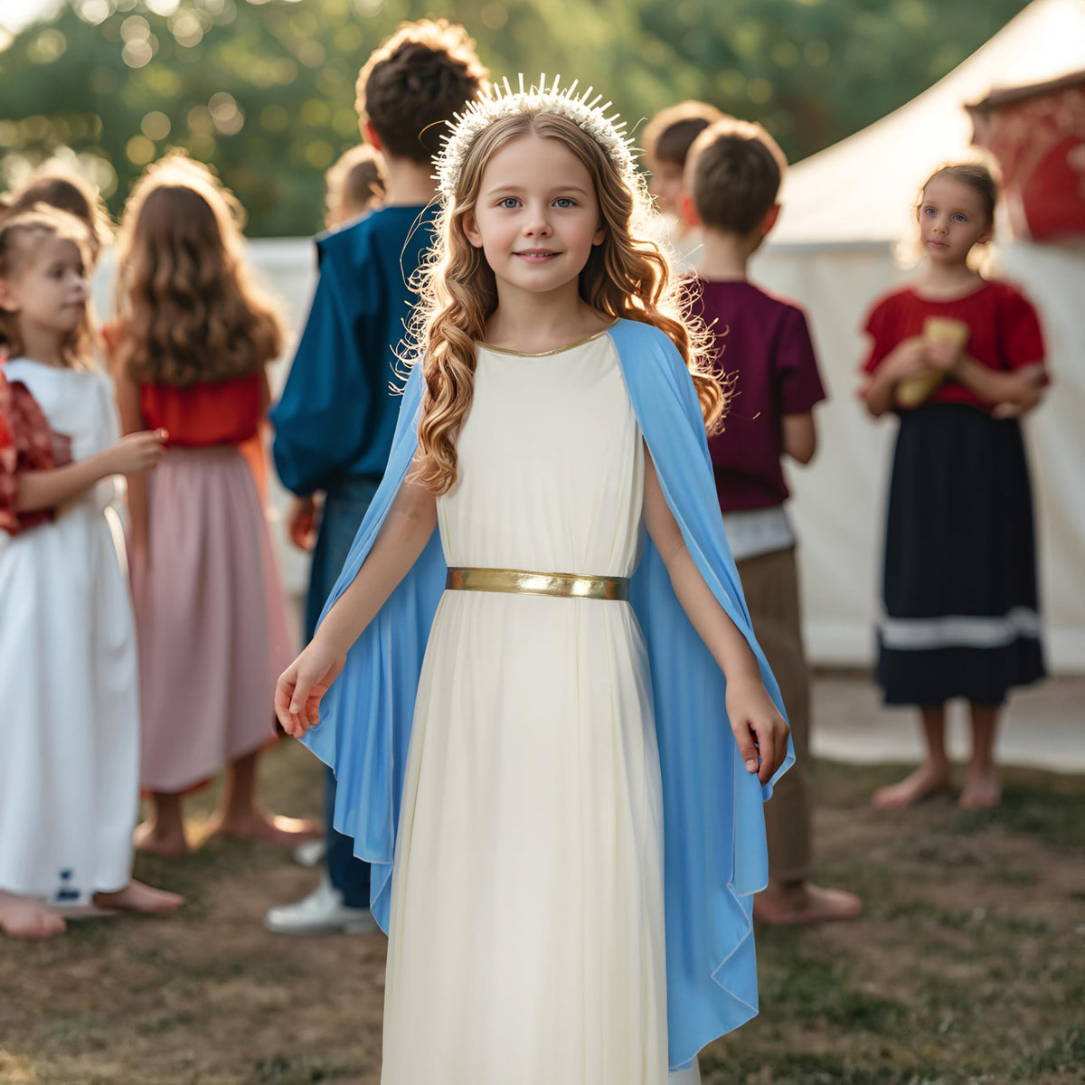 HOMELEX Mary white hood completes the Saint Mary-inspired ensemble.