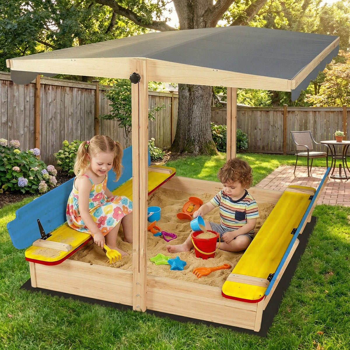 HomeLong foldable benches provide seating while kids dig and imagine