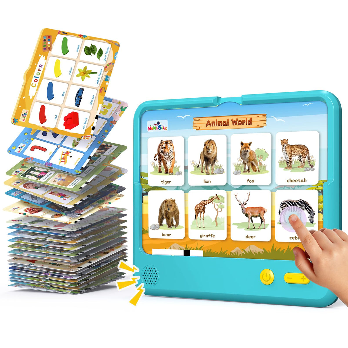 HOMESTEC Astro Pad flashcards show real images to boost word recognition.